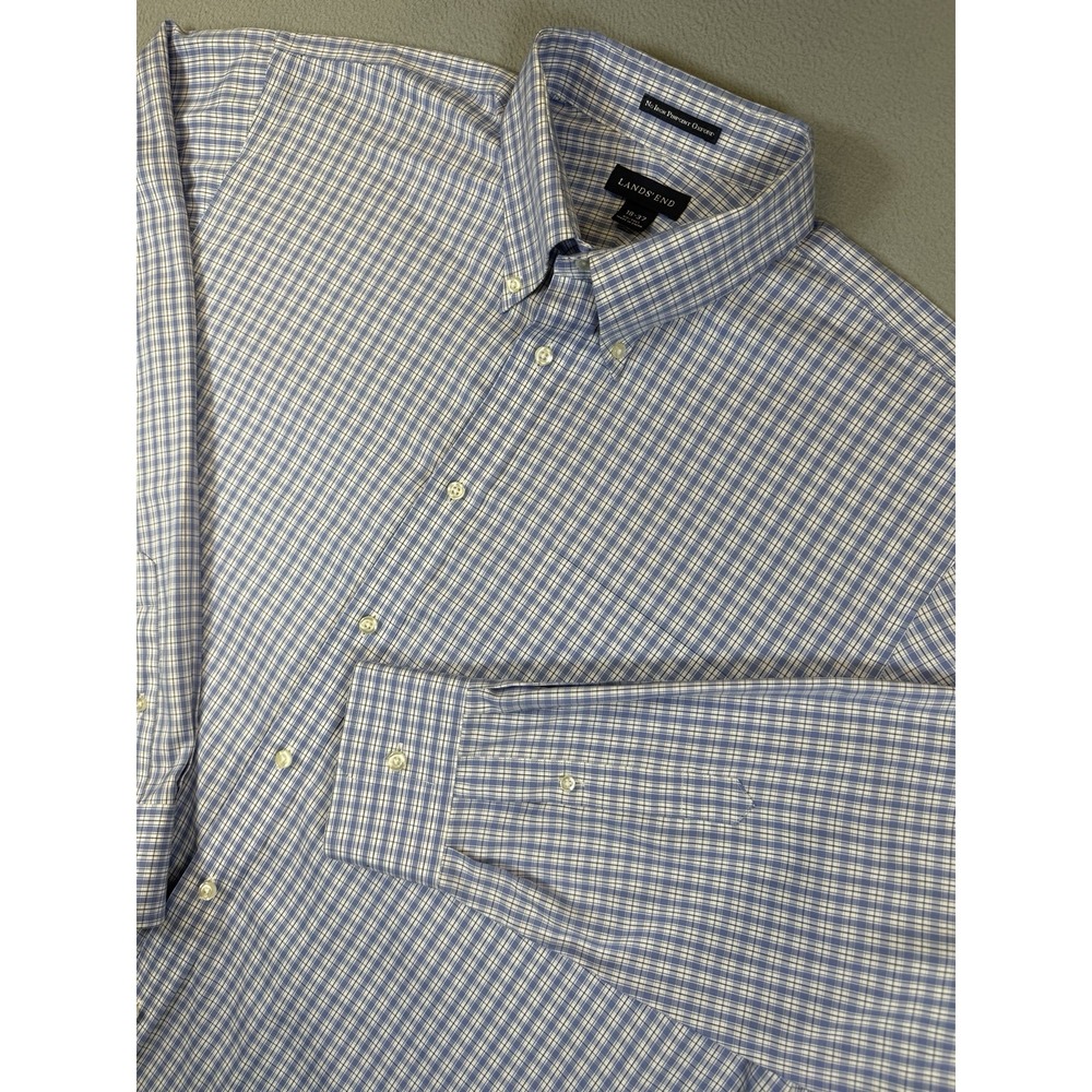 Lands End No Iron Pinpoint Oxford Shirt Mens 18-37 Big Tall Blue Plaid
